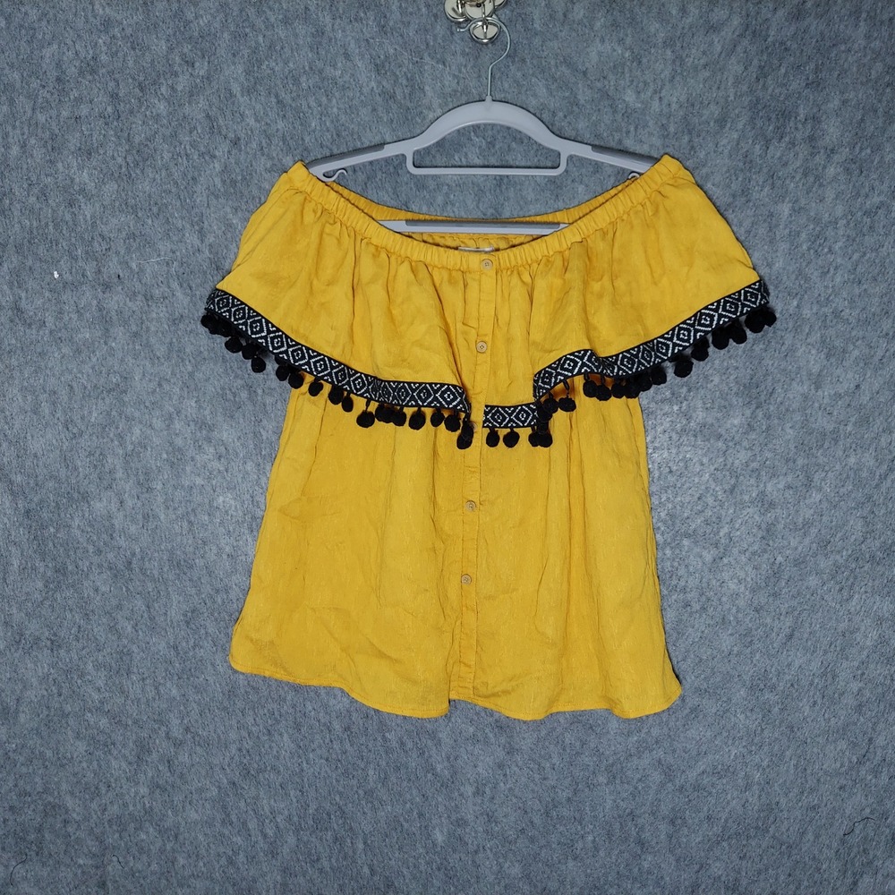 THML Anthropologie Off Shoulder Top L Yellow Pom Pom Trim Ruffle Button Crepe